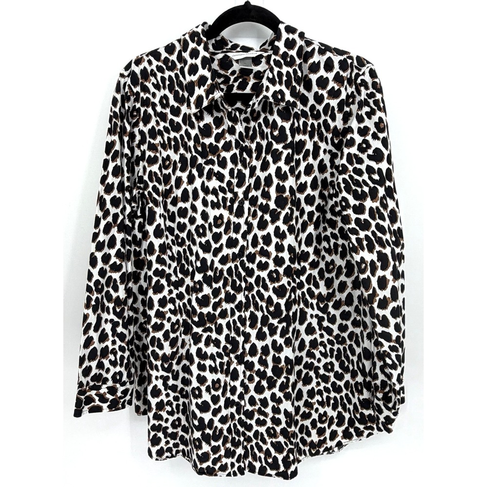 CJ Banks Animal Print Blouse Womens XL Button Up Cotton Casual Business Career